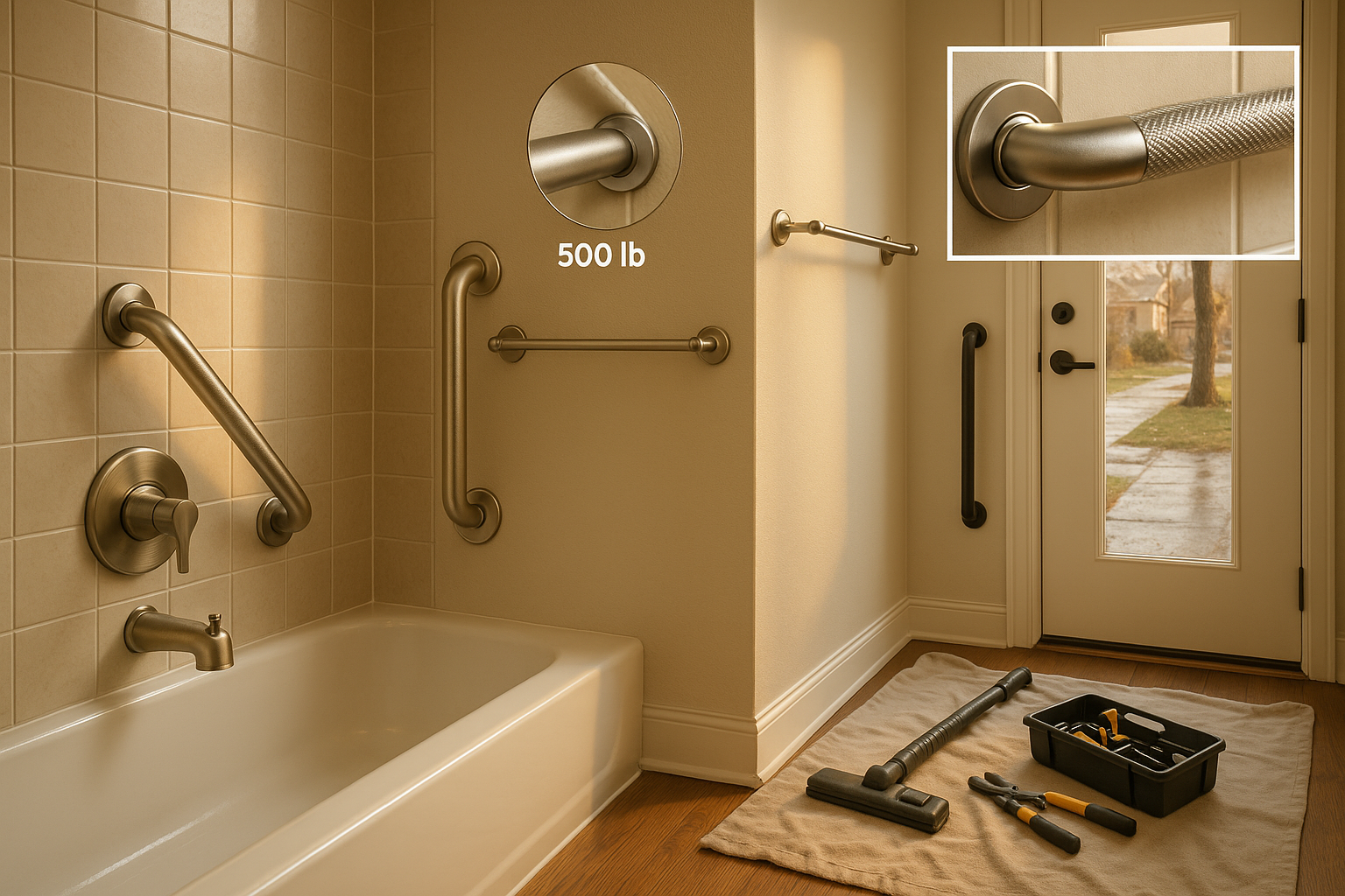 Wide warm-lit residential bathroom with stainless load-rated grab bar, matching fixtures, silicone-sealed flanges, and entry view with winter sidewalk.