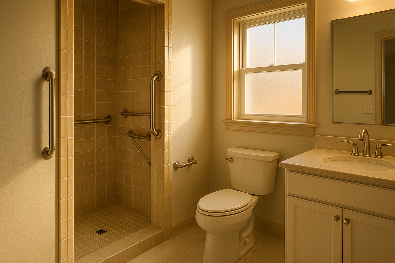 Indianapolis bathroom shower entry with vertical and horizontal/angled stainless grab bars, historic tile, warm daylight.