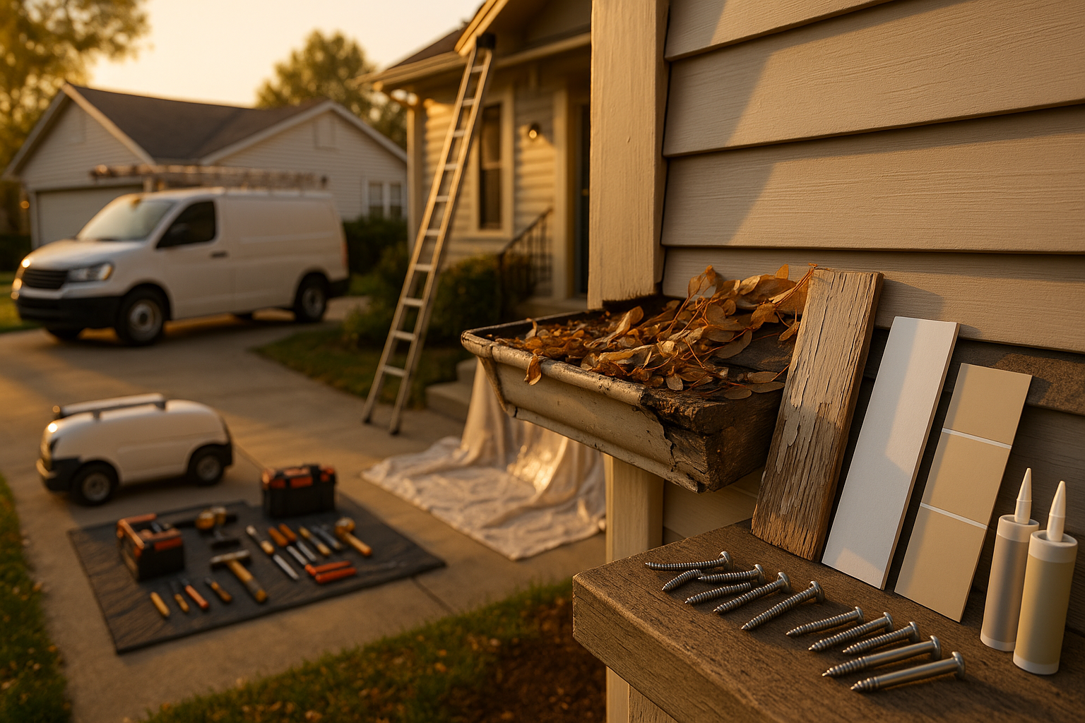 Golden-hour Greenwood bungalow jobsite: van, ladder, tidy tools, sagging leaf-filled gutter and rotted fascia, material samples.