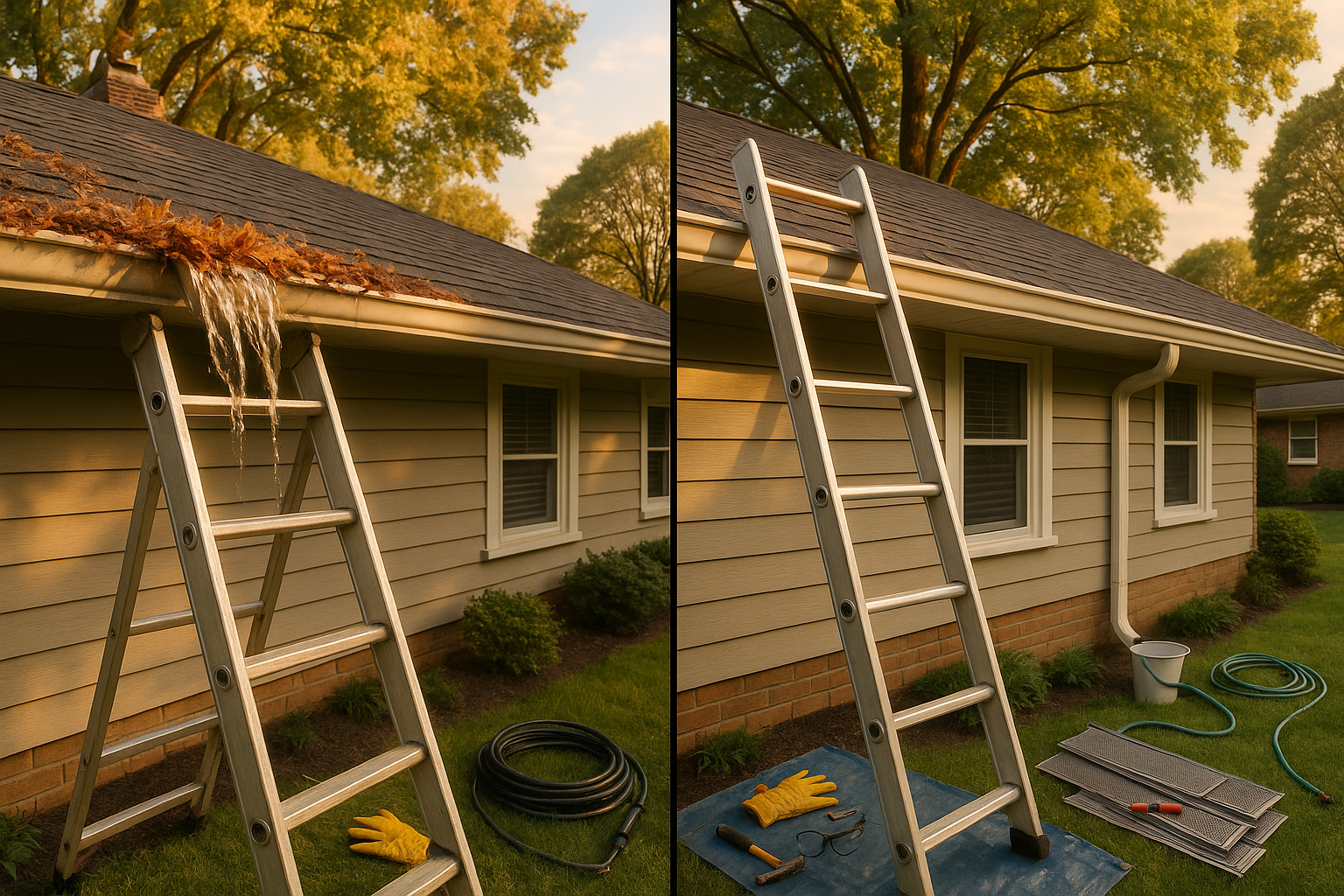 Split before-and-after single-story ranch: overflowing debris-filled gutter vs clean gutter with clear runoff, tools and ladder staged, golden light.