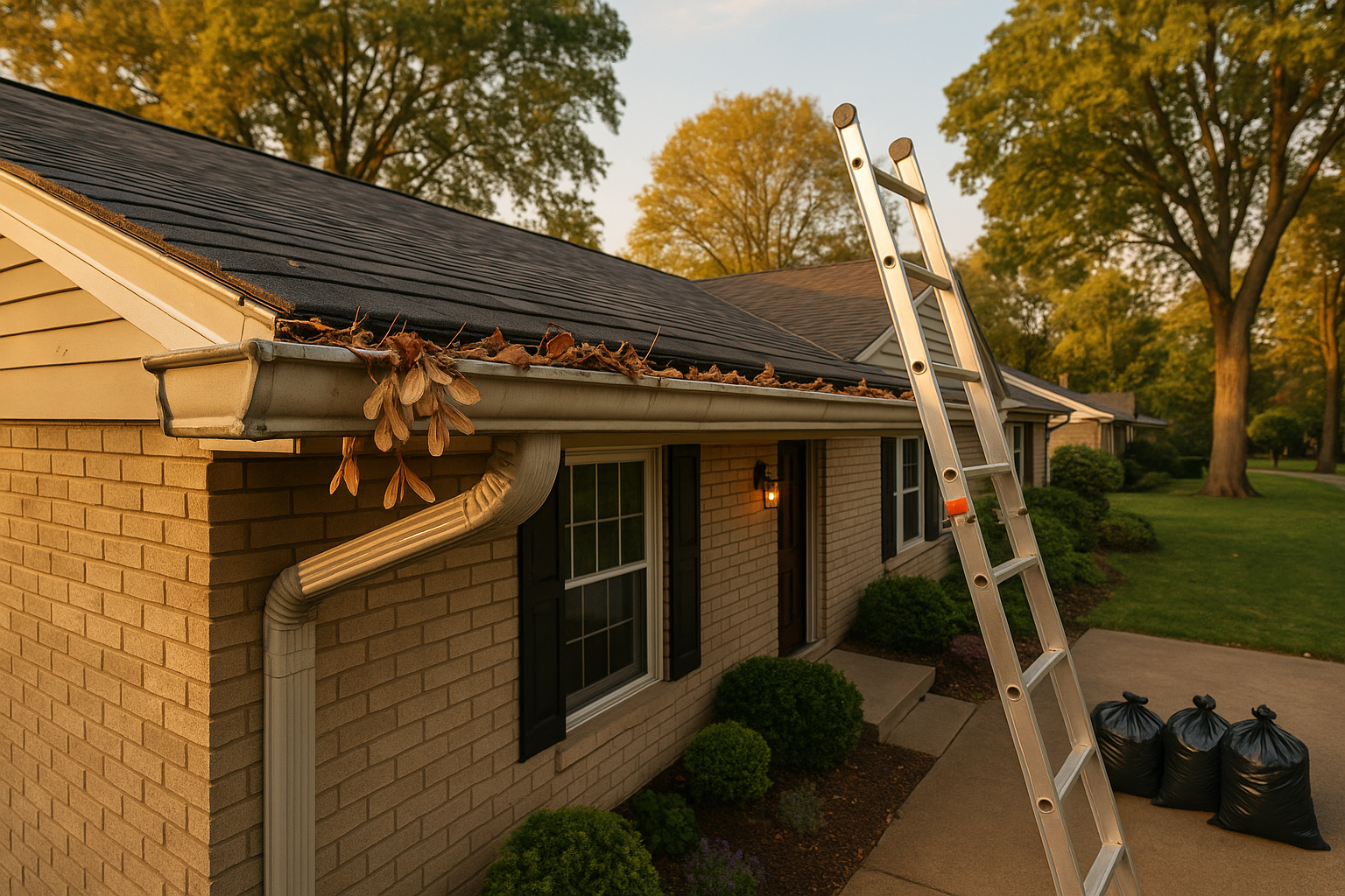 Single-story ranch at golden hour with sagging gutters, ladder with stabilizer and sealed debris bags on driveway, mature maples.