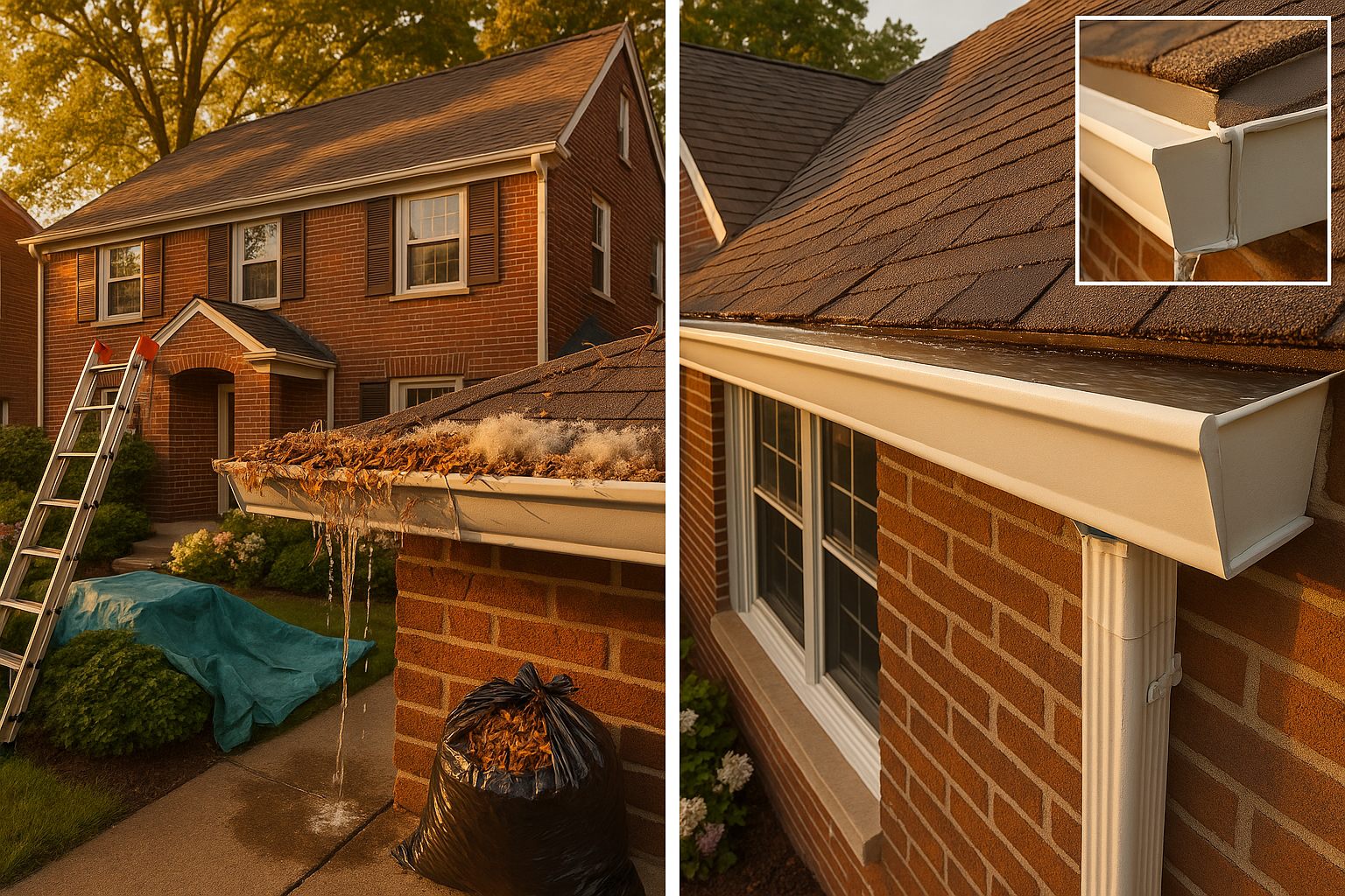 Two-story Indianapolis home split before/after gutter: clogged left, clean right, clear flow to extension, golden-hour, 5-in K-style aluminum gutters.