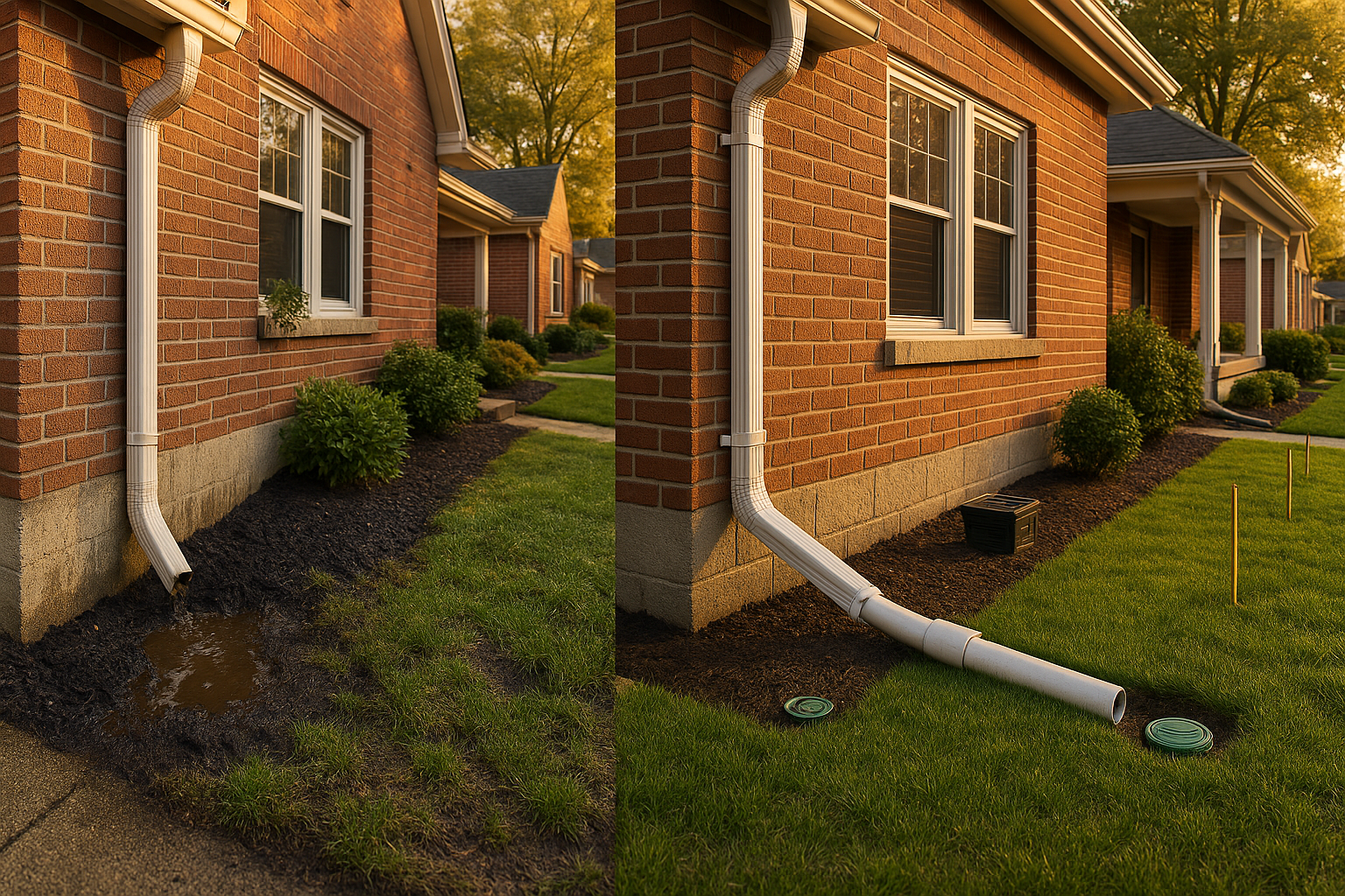 Split-view: downspout dumping and puddling vs buried PVC with pop-up emitter and restored sod, warm daylight.