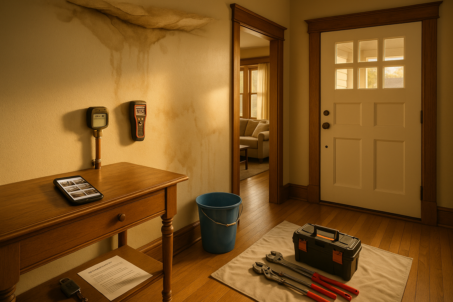 Warm-lit bungalow interior with sagging drywall above hardwood, bucket, capped pipe, moisture meter, phone gallery, instructions, tools on drop cloth.