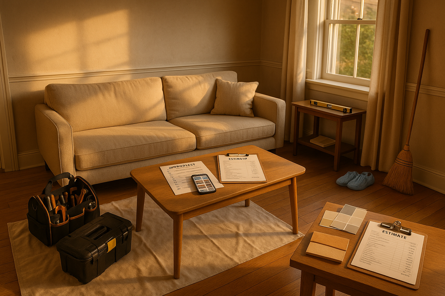 Living room with checklist, phone thumbnails, toolbox, clipboard estimate; warm golden-hour light, wood floors, plaster walls, no people.