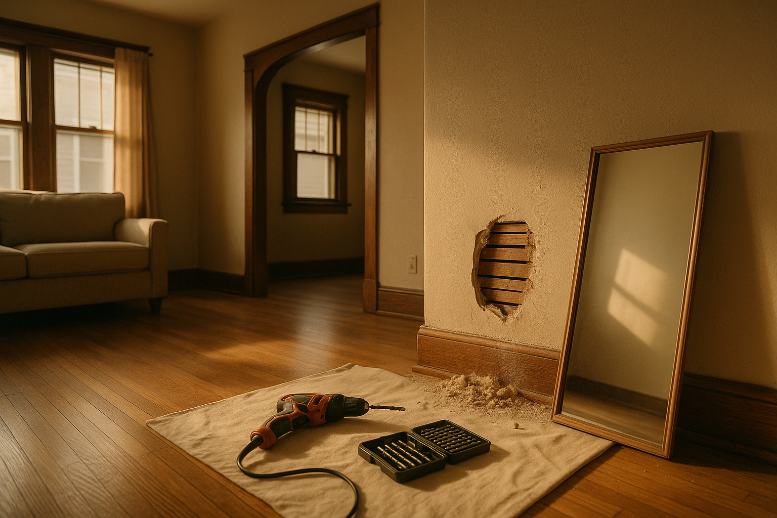 Bungalow interior: plaster chunk on hardwood by hole exposing wood lath, drill on drop cloth, leaning mirror, warm golden-hour light.