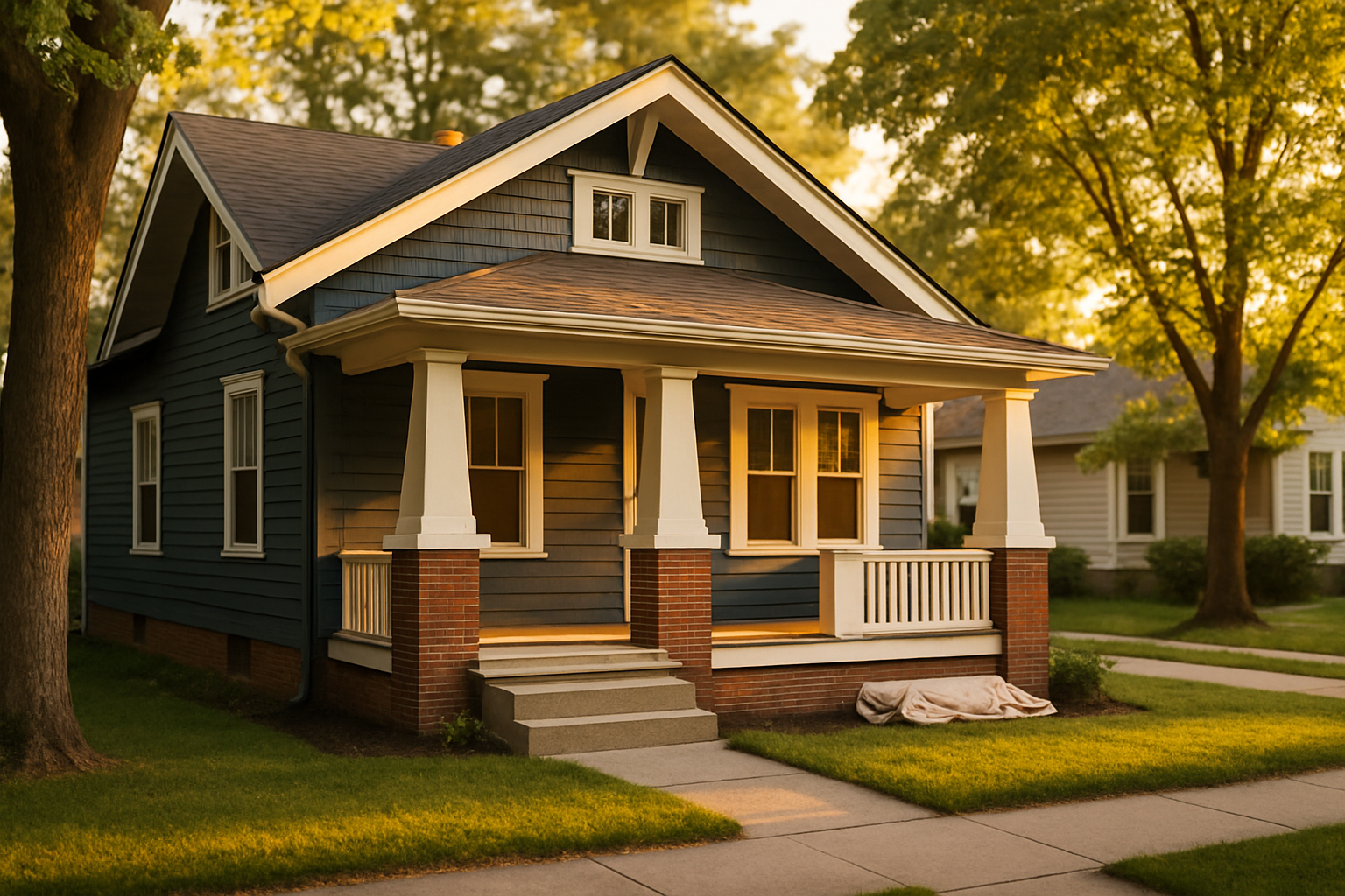 Indianapolis craftsman bungalow at golden hour, warm light on porch and trim, tidy exterior and tree-lined street.