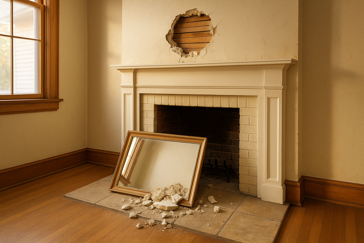 Living room fireplace with a circular plaster hole and fallen mirror on the hearth, exposed lath and debris, warm daylight.