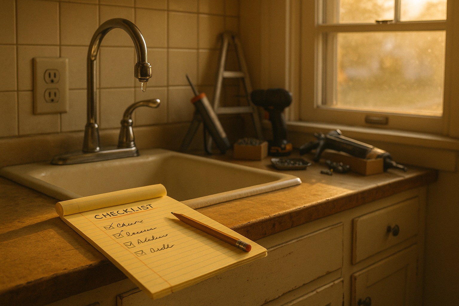Kitchen close-up: yellow legal pad on painted wood counter, chrome faucet dripping, GFCI, warm golden hour, Indianapolis bungalow interior.