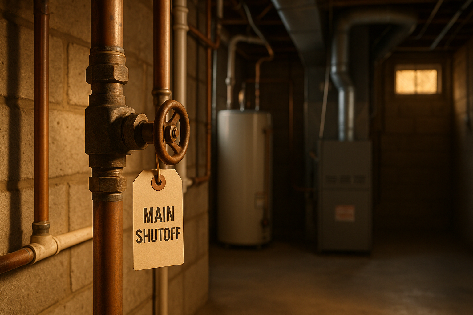 Basement utility room with main shutoff valve, tagged MAIN SHUTOFF, copper and PVC lines, warm window light, concrete floor.