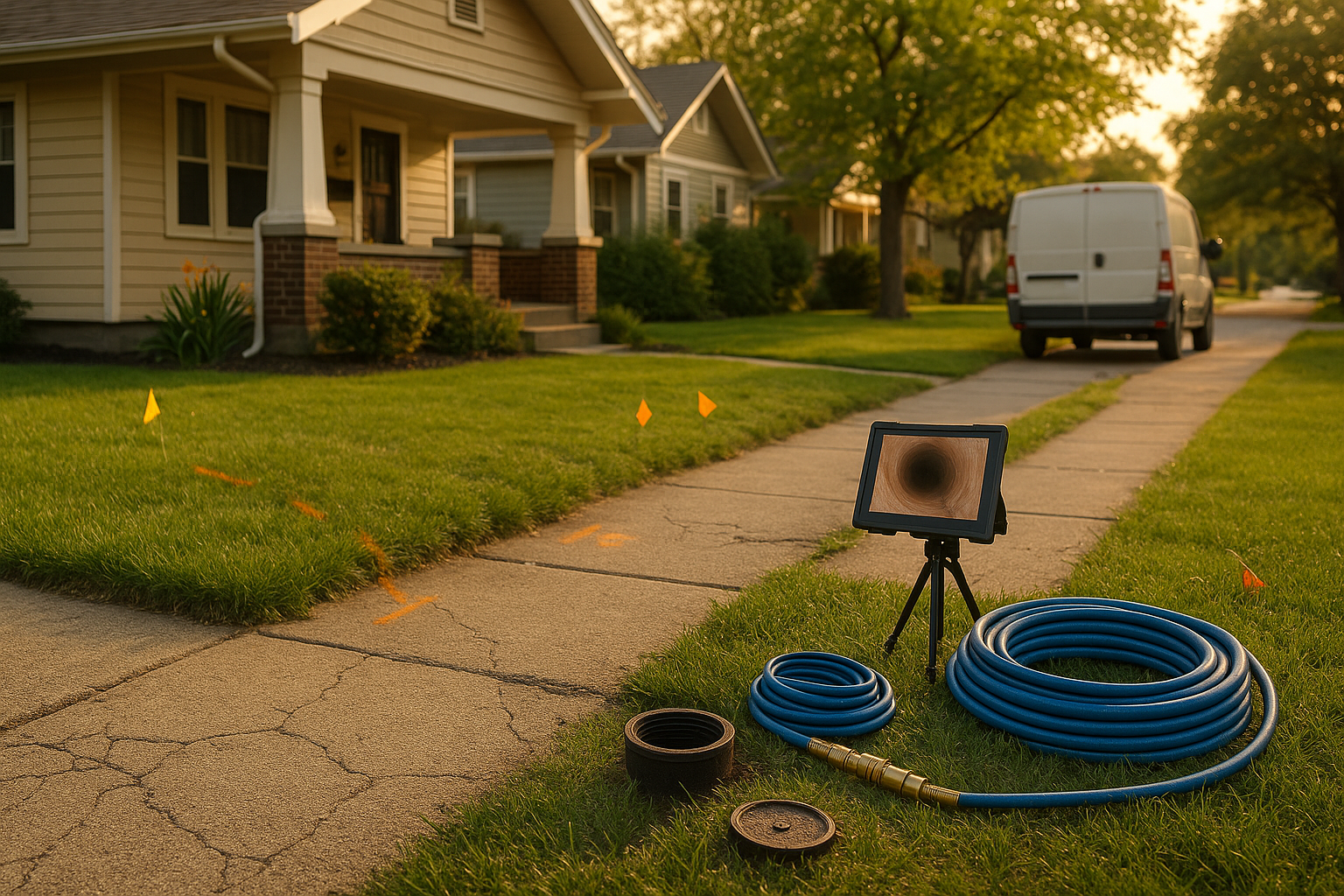Exterior Indianapolis yard cleanout, coiled hydro-jet hose, service truck, flags and paint marks, golden-hour light.