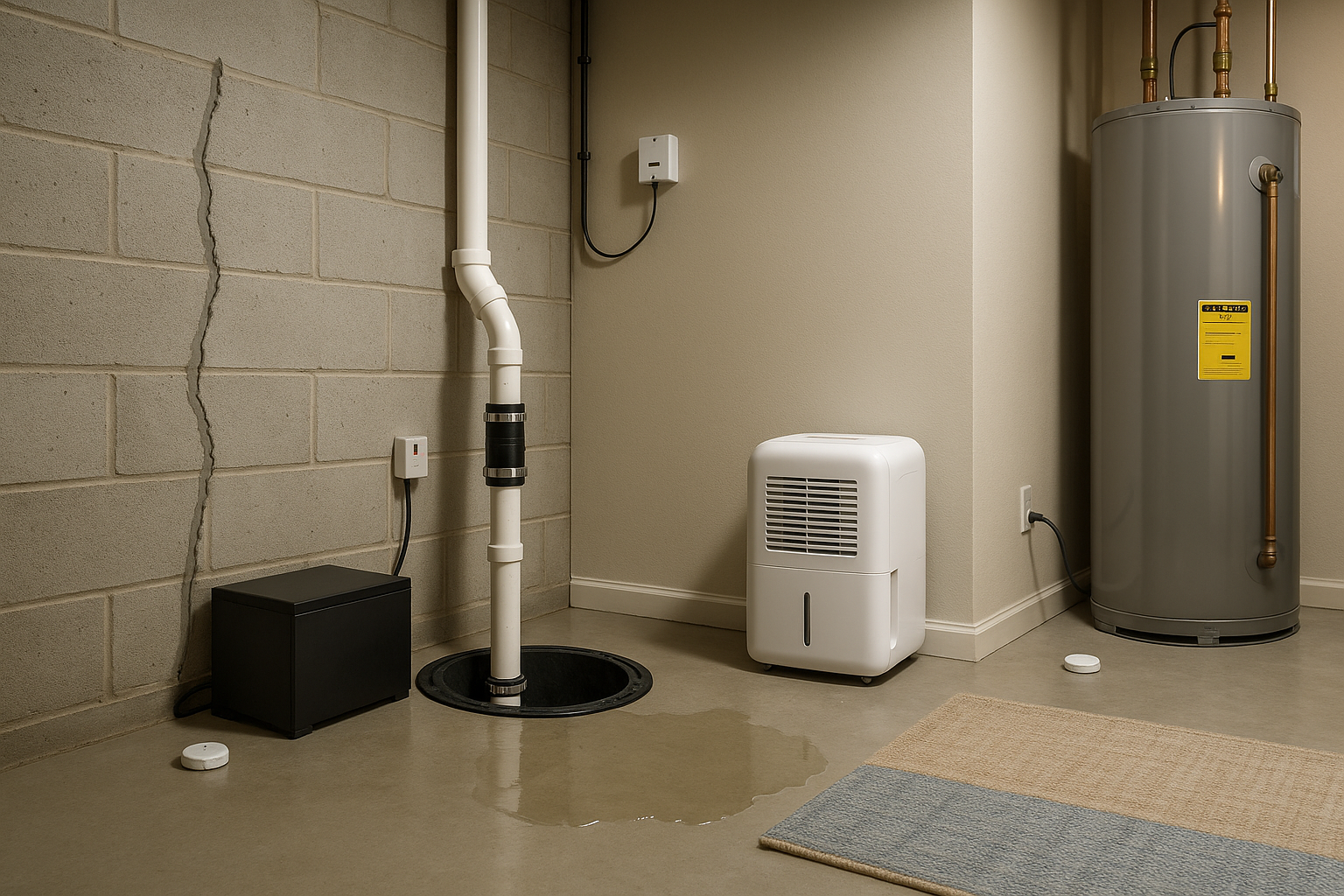 Finished basement with sump pump, battery backup, high-water alarm, leak sensors and shallow standing water under soft natural light.