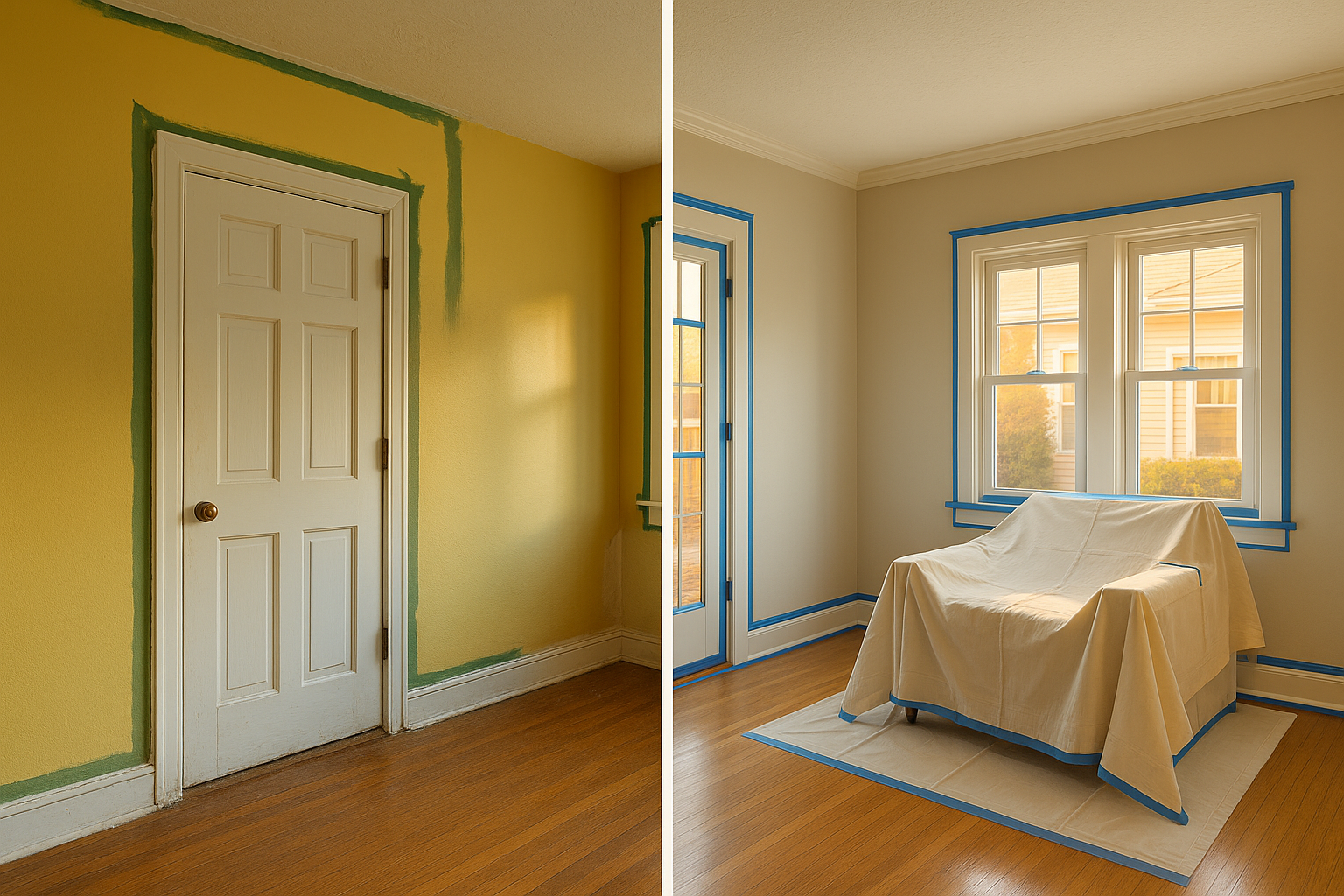 Split-view bungalow living room: jagged DIY paint vs smooth low-VOC finish, crisp trim, drop cloths, golden-hour daylight.