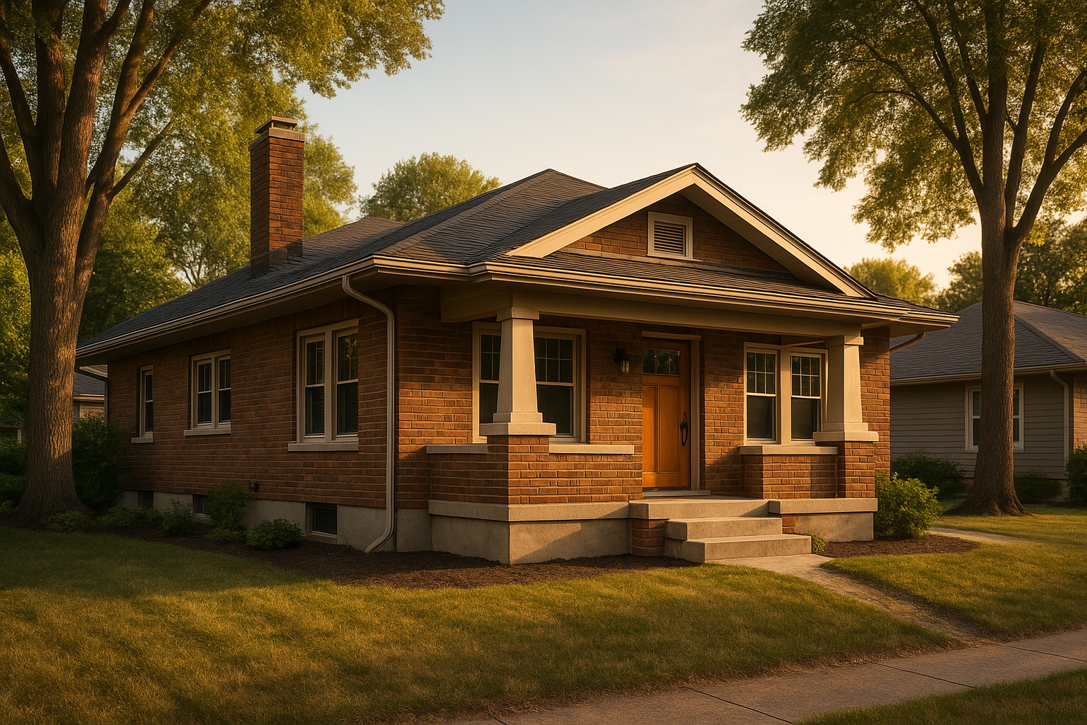 Golden-hour exterior of a 1950s Indianapolis bungalow showing roofline, foundation and yard grading toward downspout.