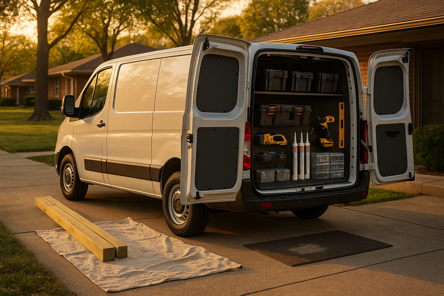 Unbranded service van in a Lawrence driveway at golden hour, open rear with organized tool cases, treated lumber and neat job staging.