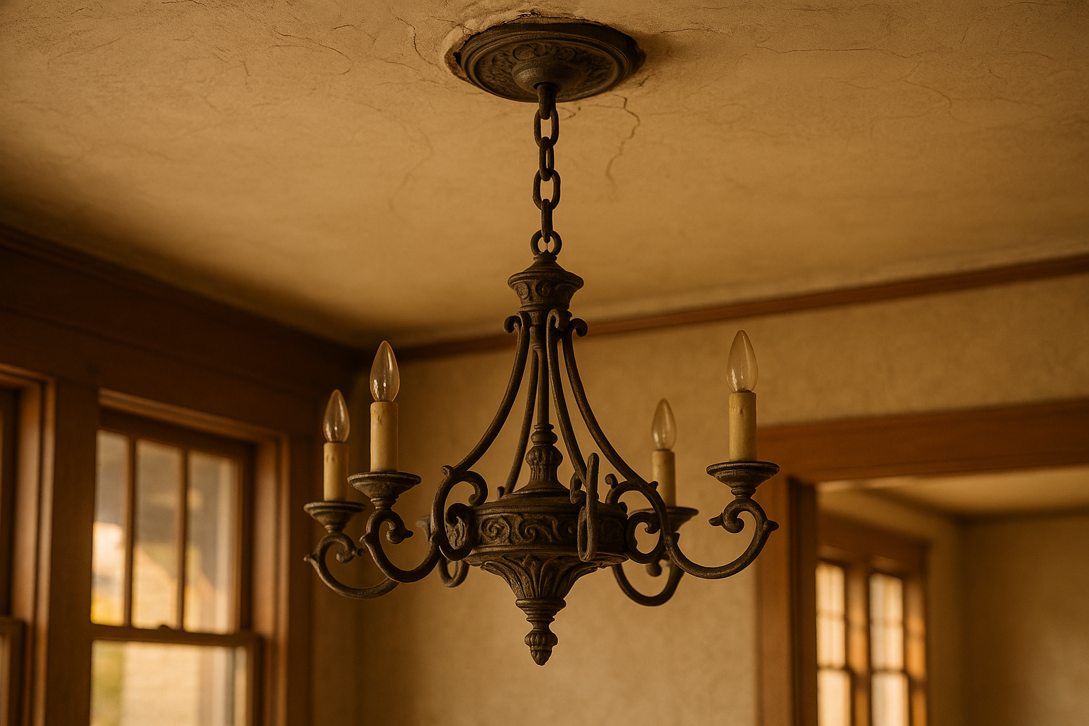 Cast-iron chandelier sagging from plaster ceiling with shallow pancake junction box in warm golden-hour light.