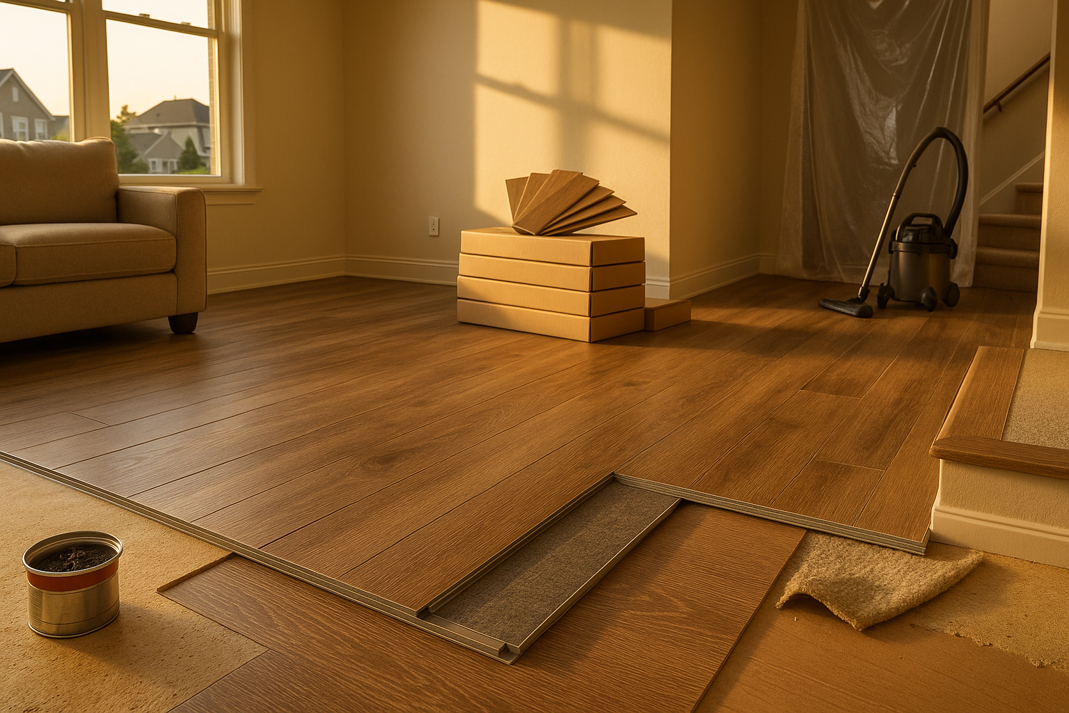 Window-lit living room with partially installed LVP, locking edge close-up, stacked boxes, sample planks, stair nosing, dust barrier and HEPA vacuum.
