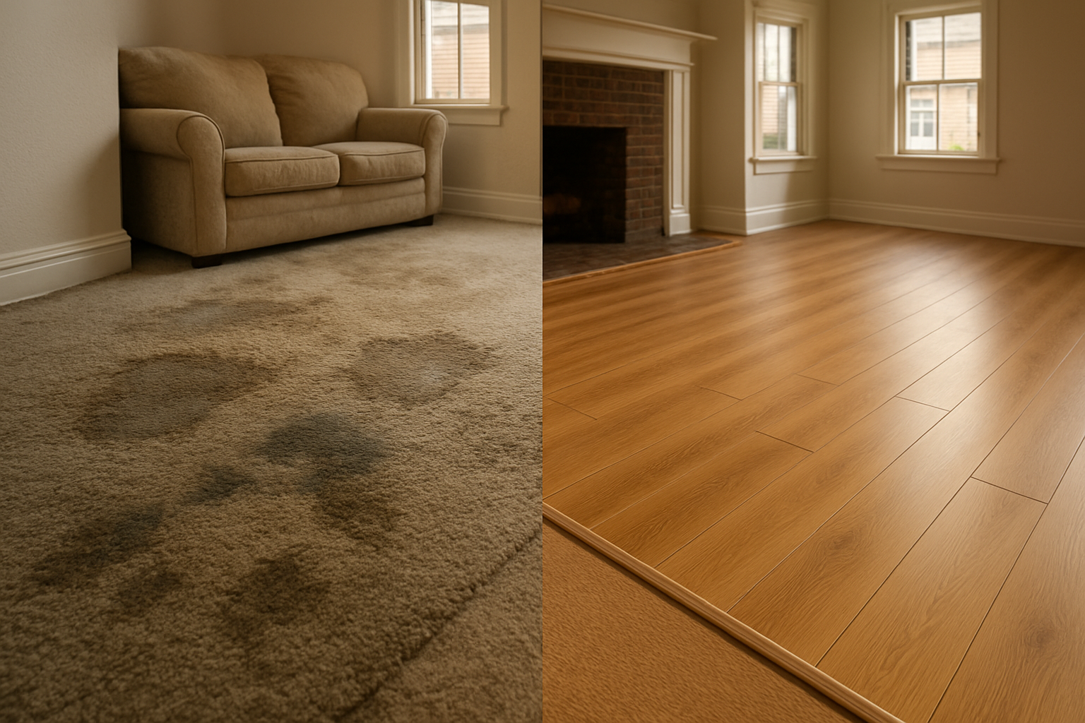 Split living room: ruined wet-stained carpet with pet hair beside clean wood-look LVP in warm daylight, Indianapolis interior.