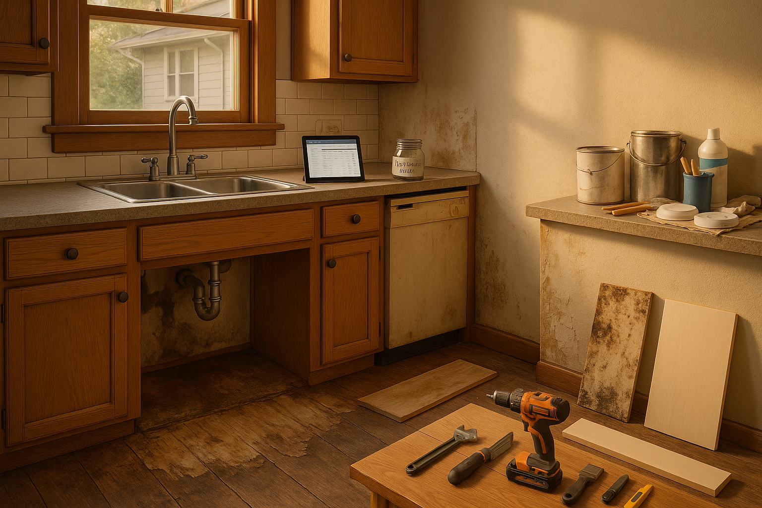 Bungalow kitchen with under-sink water-damaged plywood, swollen drywall, tools, ledger tablet, reserve jar, make-ready supplies in warm daylight.