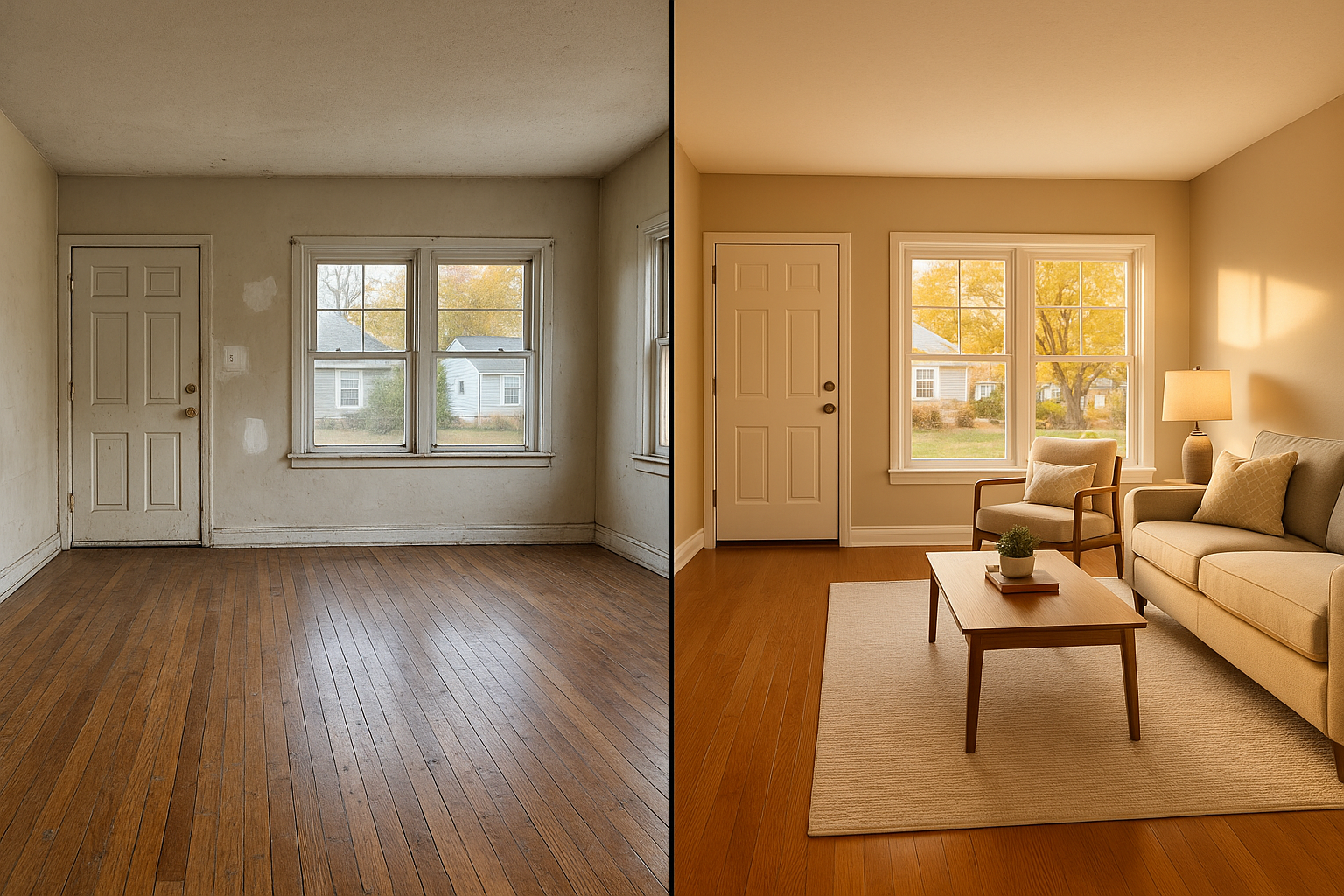 Split-frame living room before-and-after: scuffed baseboards and scratched floor versus repaired rent-ready finish in warm daylight.