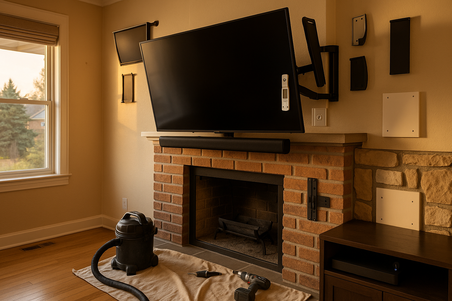 65" TV above brick fireplace, thermometer reads 112°F, tilt mount, heat deflector, recessed outlet, warm golden-hour Indianapolis living room.