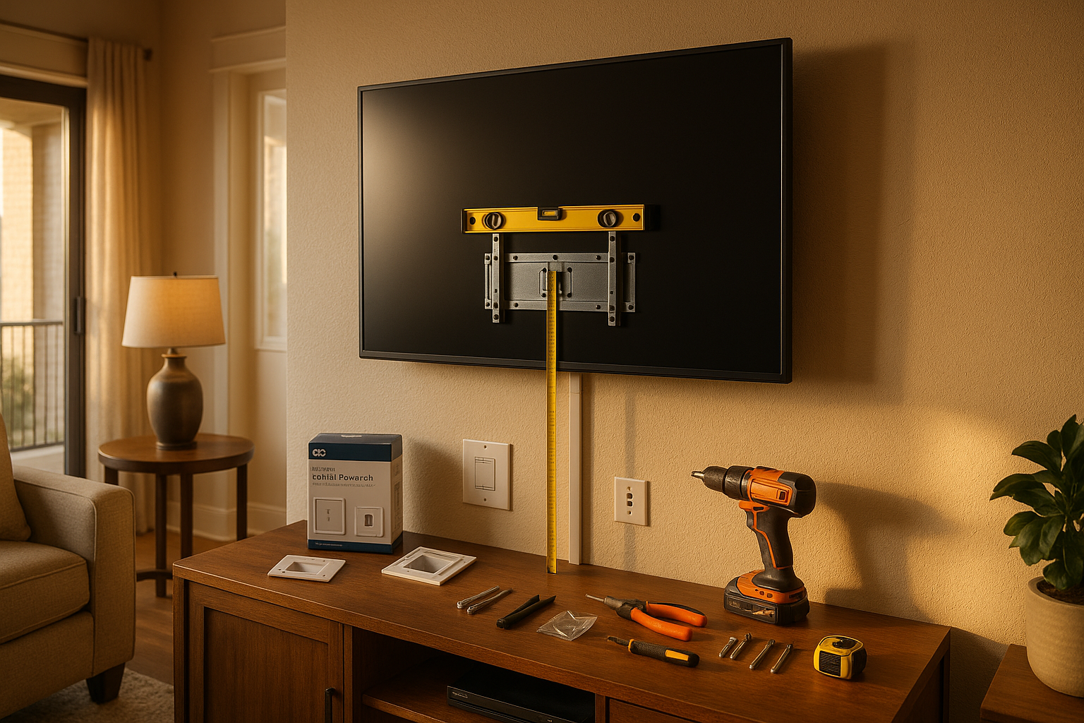 Warm living room with TV mounted on drywall, visible wall plate, level and measuring tape at 42–48 in, raceway and in-wall power kit.
