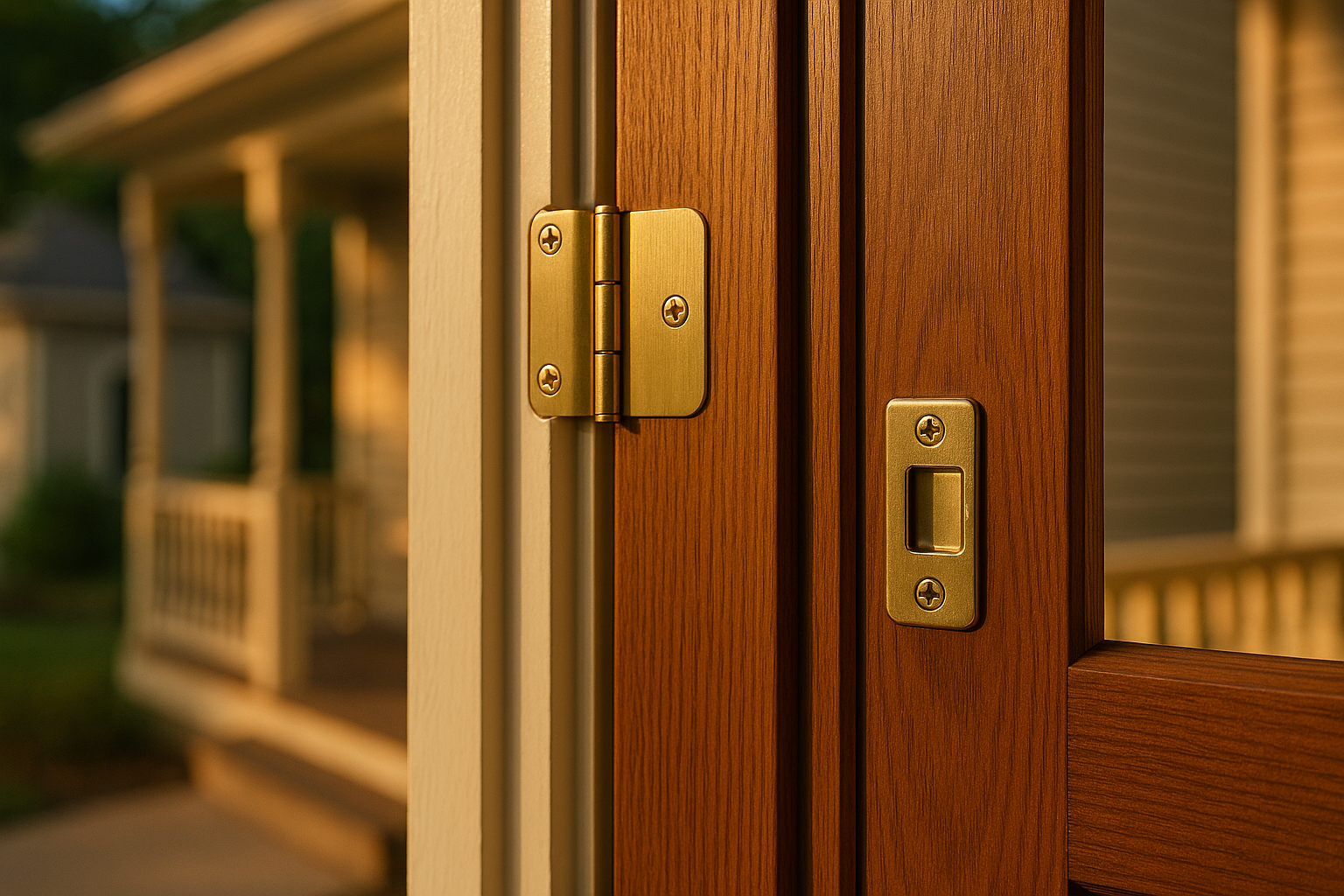 Close-up of wooden back door, new brass hinges and strike plate, warm golden-hour light, Old Town Noblesville porch background.