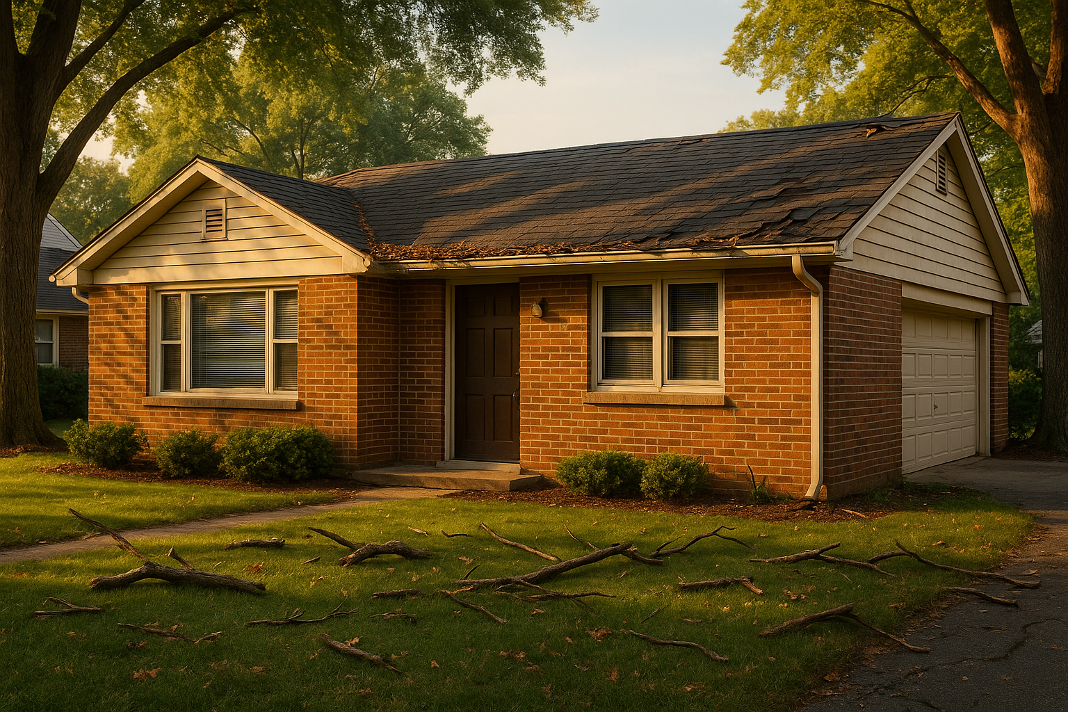 Golden-hour 1950s ranch exterior with asphalt shingles, siding, clogged gutter and missing shingles in an Indianapolis suburb.