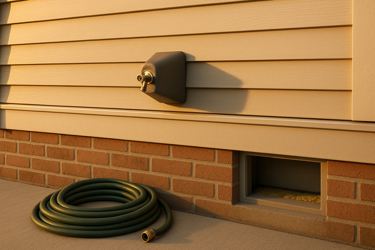 Exterior Indianapolis home wall with disconnected hose, coiled hose, insulated faucet cover and frost-free sillcock pitched into wall, golden hour.