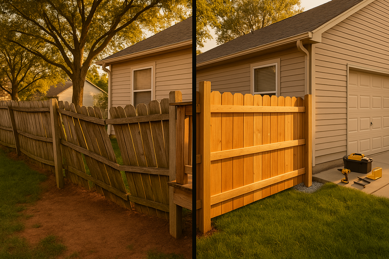 Split-frame golden-hour Plainfield backyard showing sagging fence and tilted deck vs repaired fence, leveled deck, clay soil, oak trees.