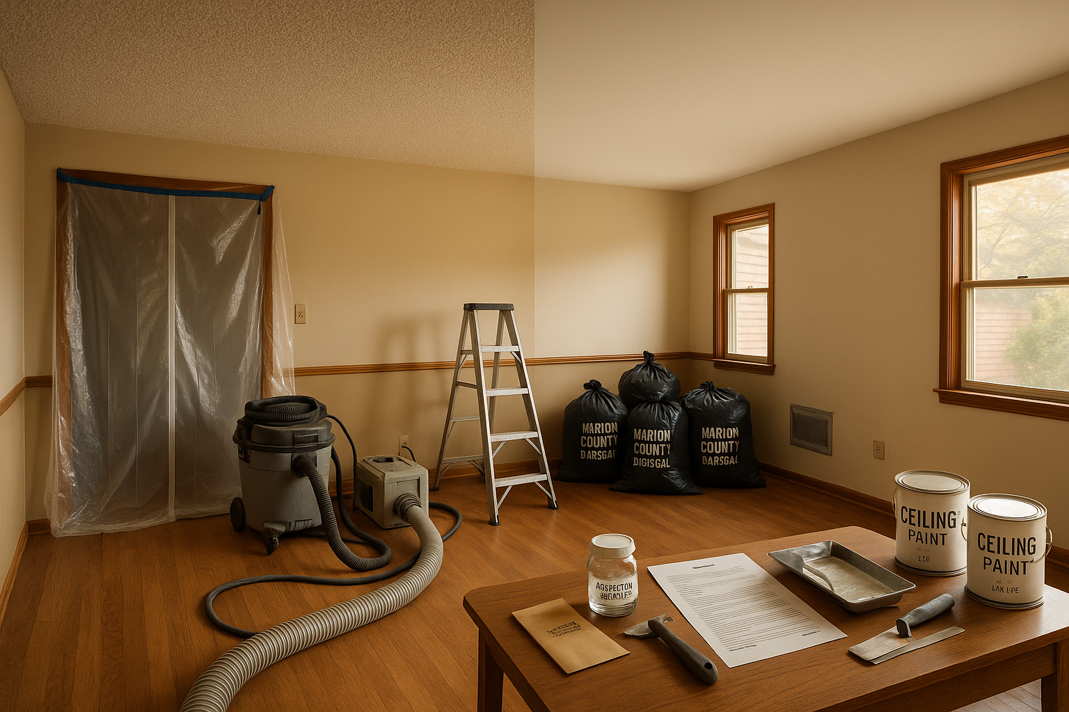 Wide Indianapolis bedroom showing popcorn ceiling next to smooth skim-coated finish, containment, HEPA units, labeled debris, tools, quote.