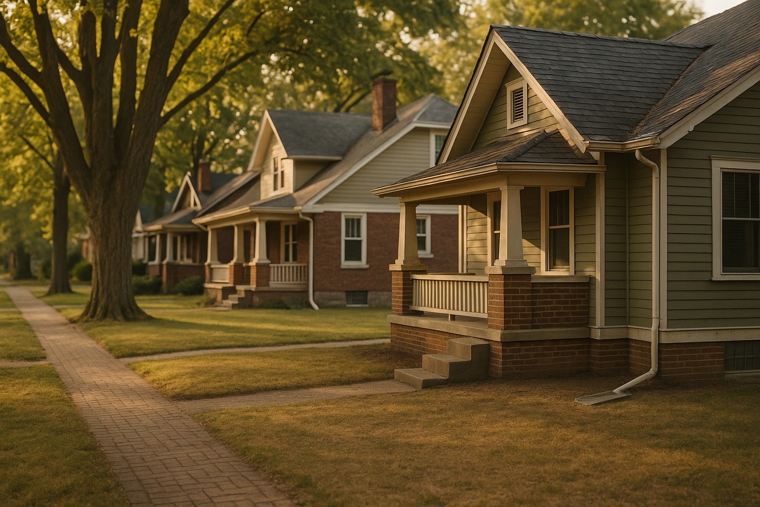 Golden-hour Indianapolis street of older homes showing rooflines, gutters, yards and drainage.