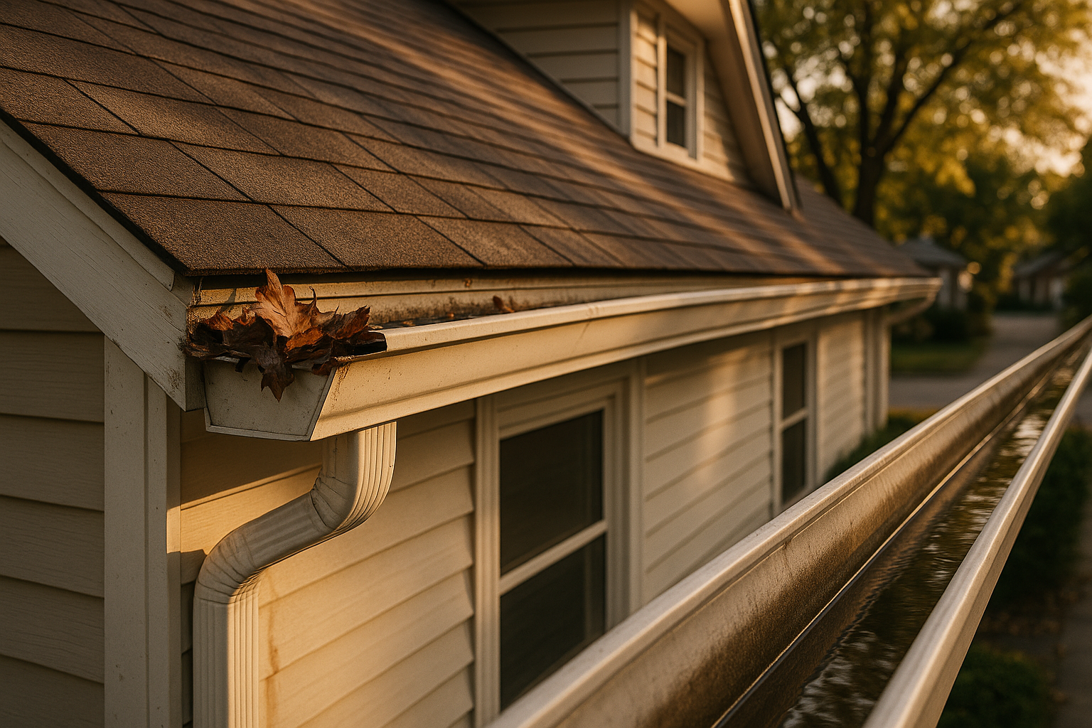 Indianapolis suburban roofline with clogged and pulled-away gutters, water-stained siding, and a clean gutter section in warm golden-hour light.
