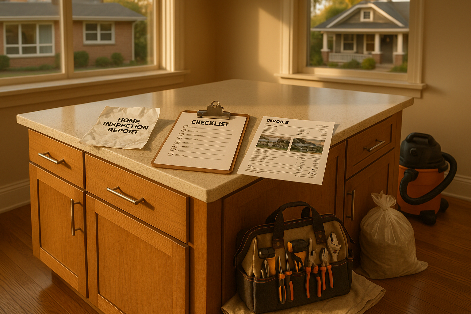 Warm kitchen island with crumpled inspection report, invoice, toolkit, and Indianapolis homes visible through window.