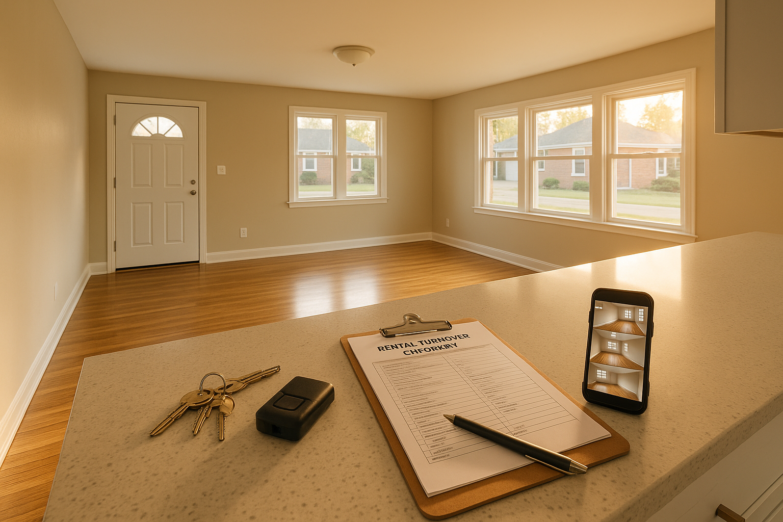 Wide staged Indianapolis bungalow living room, warm daylight, hardwood floors, quartz island with keys, checklist and smartphone visible.