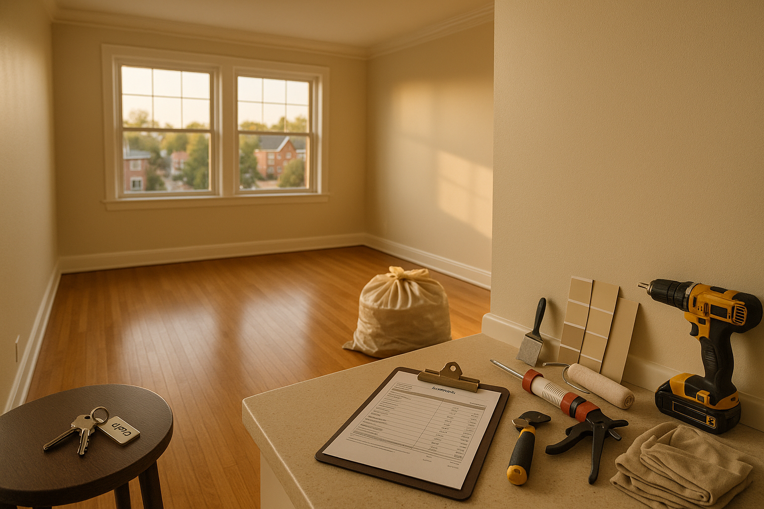 Empty Indianapolis living room with neutral scrubbable paint, golden-hour light, clipboard, labeled keys, and neatly arranged turnover tools.