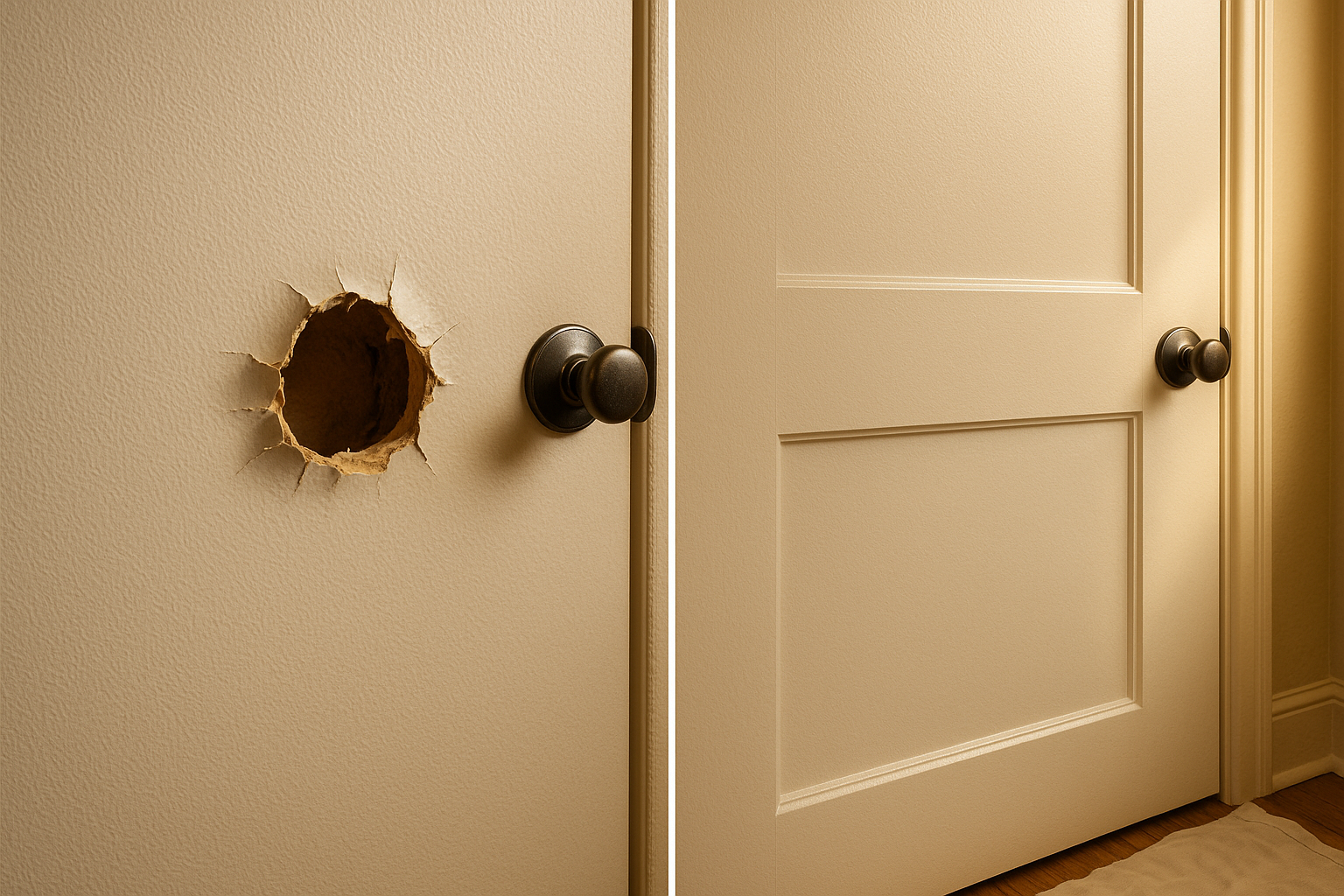 Split before/after of hollow-core door: baseball-sized hole left, seamless matched repair right, warm daylight interior.