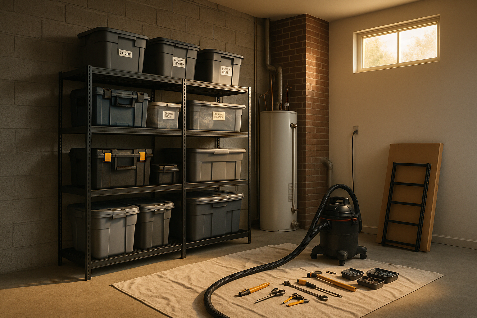 Wide Indianapolis garage interior with powder-coated steel shelving, loaded bins, clean workspace, warm daylight.