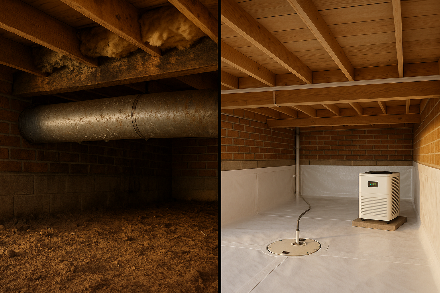 Split before/after crawl space: damp, moldy left vs. bright encapsulated right with taped liner and dehumidifier (50% RH).
