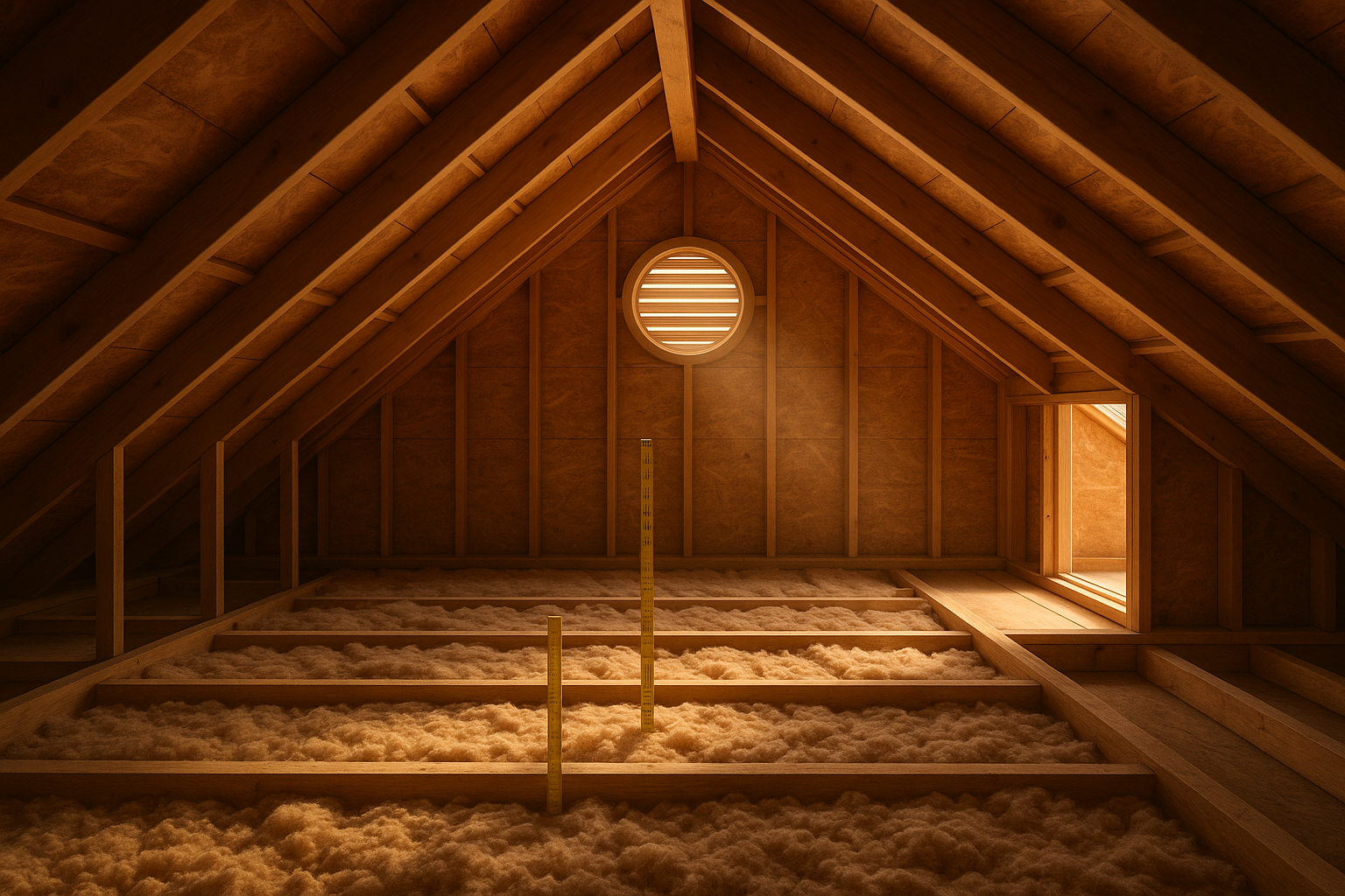 Attic interior with flattened insulation, exposed joists, tape measure showing shallow depth, warm daylight.
