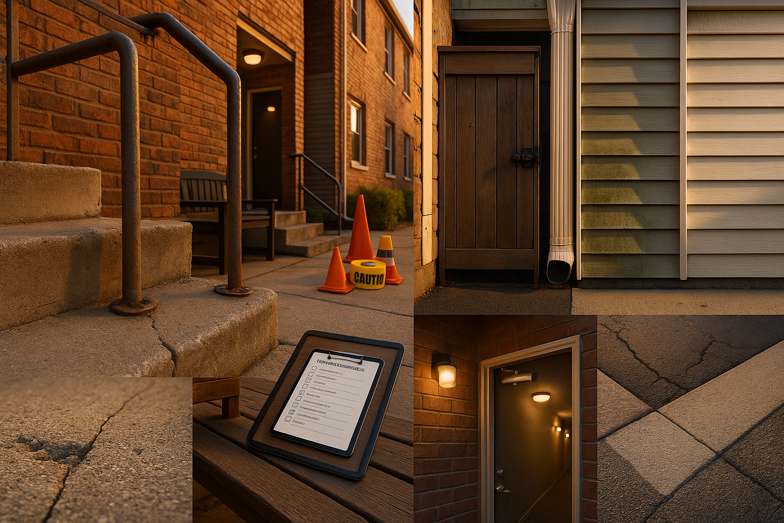 Brick walk-up entrance at golden hour with spalled concrete close-up, handrail anchor, gutters, siding comparison, tablet and safety supplies.