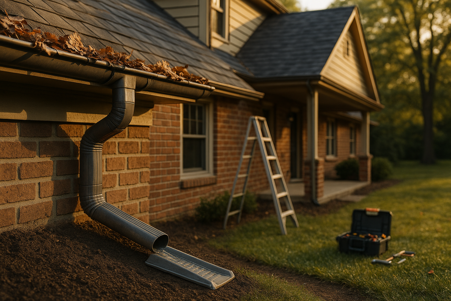 Golden-hour exterior of Indianapolis brick home with clogged gutter, downspout extension discharging away, graded yard, ladder and tool kit.
