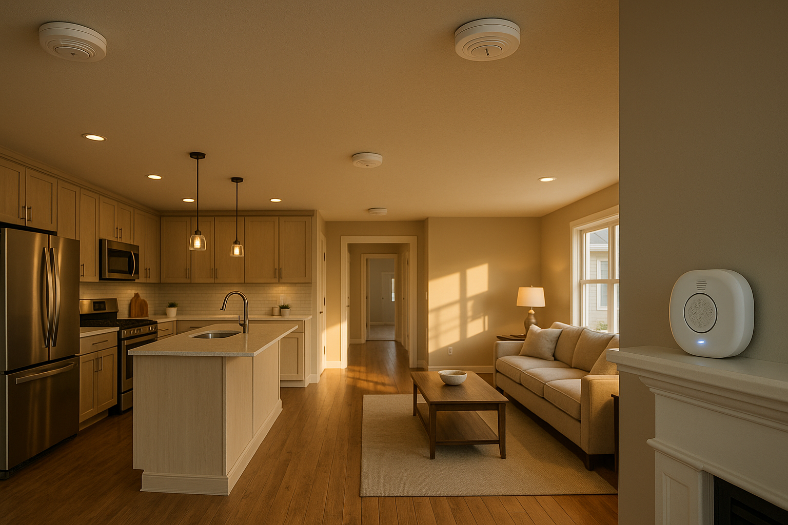 Open-plan kitchen/living area at golden hour, hardwood, drywall, multiple ceiling alarms, smart detector with lit Wi‑Fi LED.