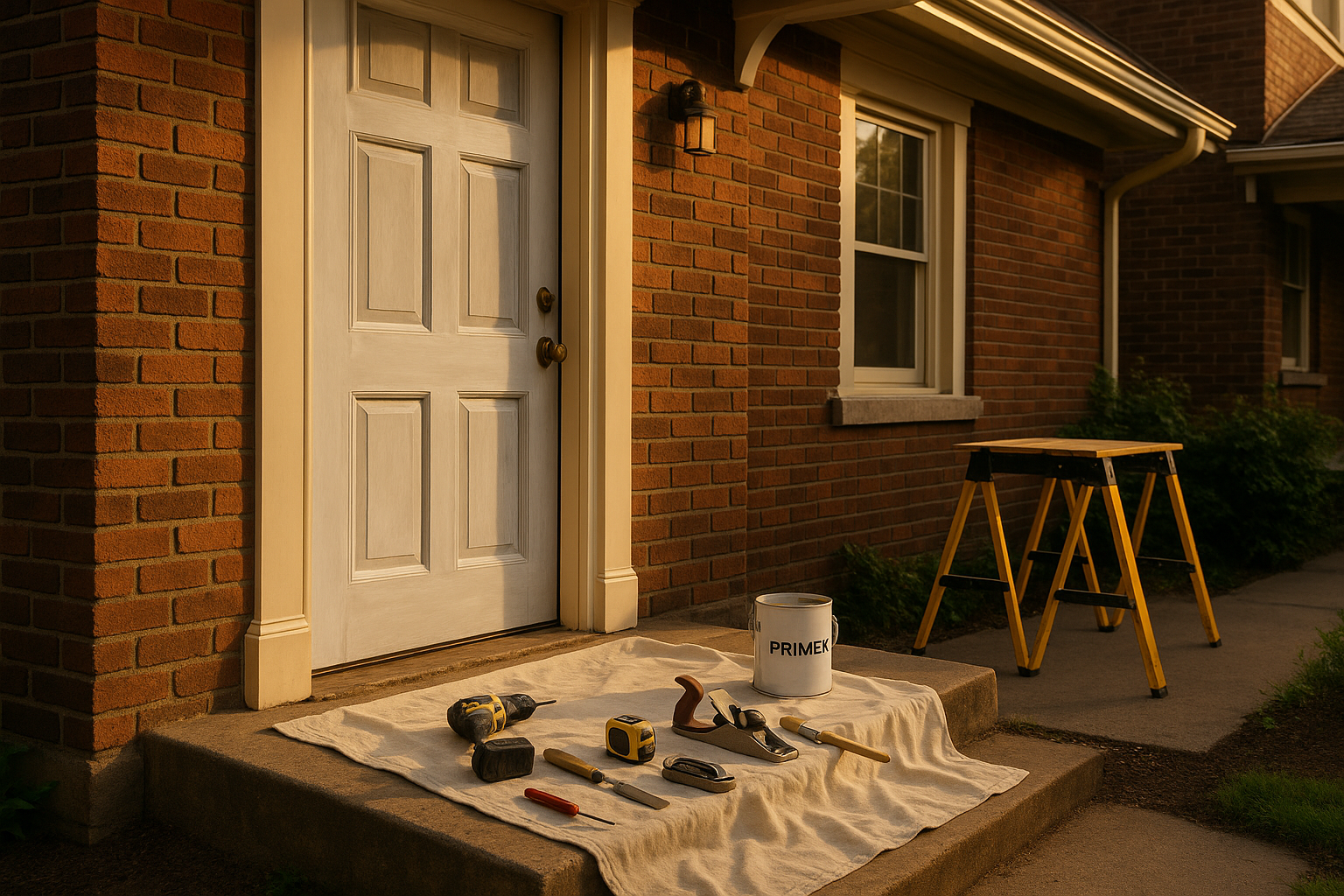 Indianapolis wood-trim front doorway at golden hour with tools and drop cloth on the stoop.