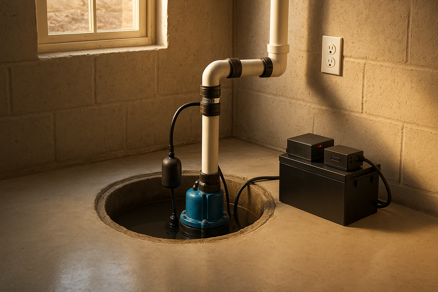 Wide photoreal sump pit with pump, float switch, battery backup, check valve, GFCI, warm golden-hour basement lighting.