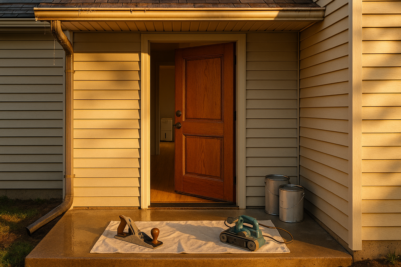 Indianapolis front entry at golden hour with swollen wooden door edge, worn threshold, overflowing gutter and dehumidifier visible inside.