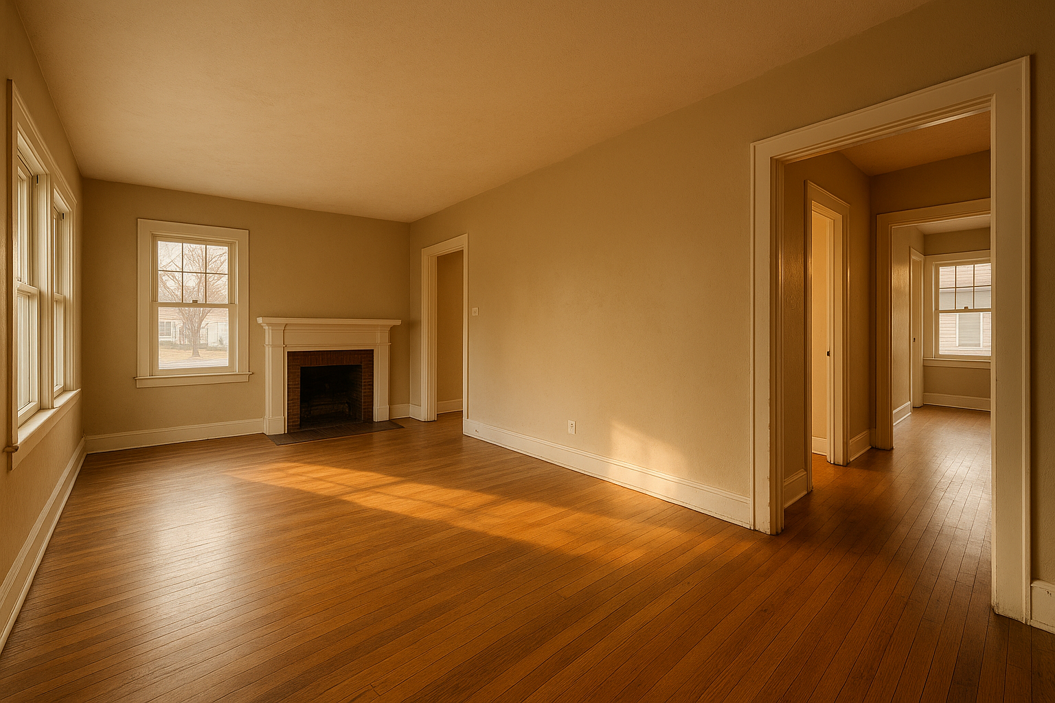 Wide-angle empty Indianapolis rental interior in warm daylight showing hallway and living area for condition context.