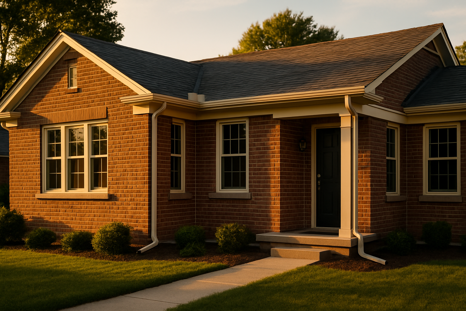 Golden-hour exterior of Indianapolis brick ranch, painted trim, windows, gutters and downspouts, warm light, whole-house weatherproofing context.
