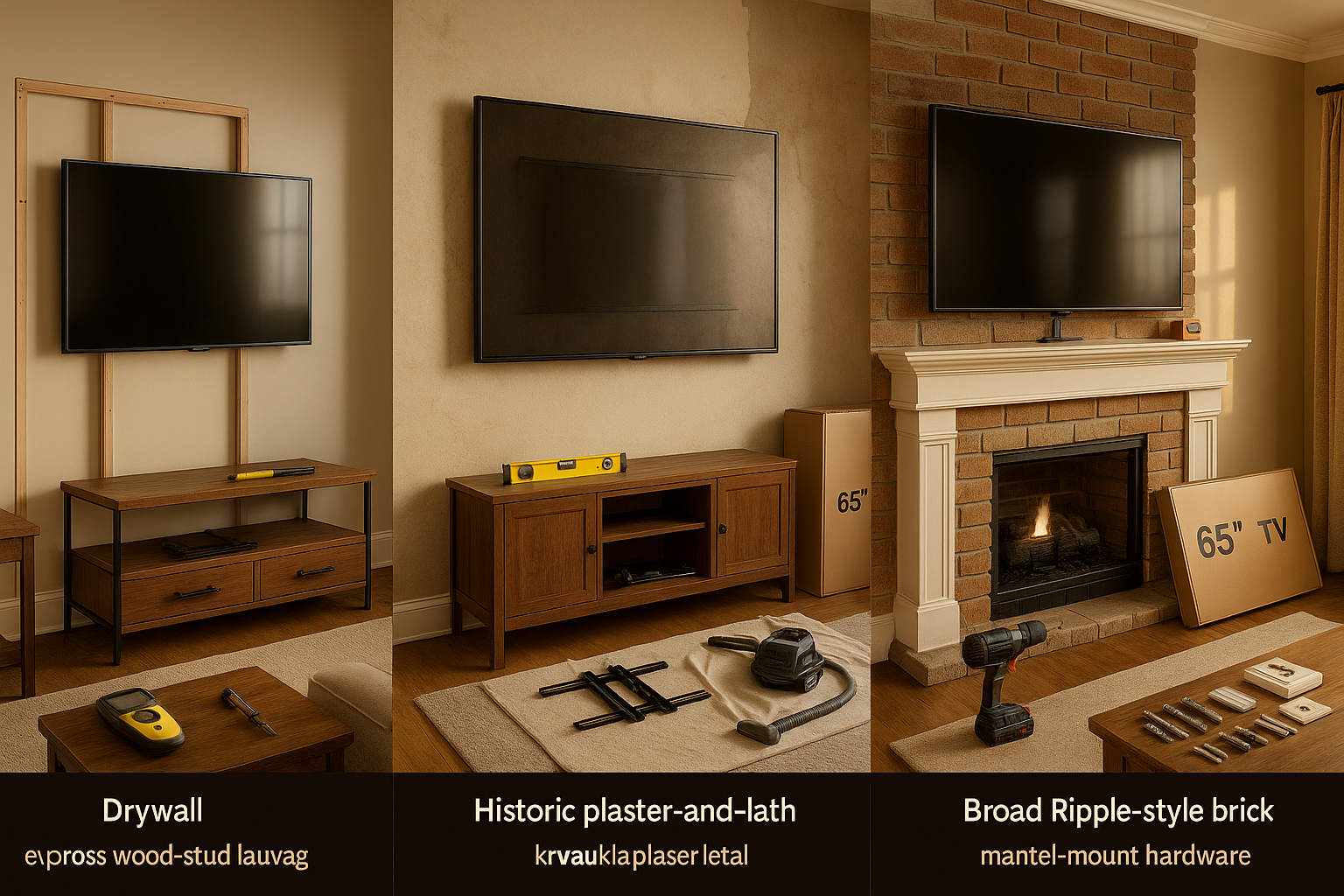 Split living room showing boxed and mounted 65" TVs, drywall, plaster-and-lath, brick fireplace, tools and hardware in warm daylight.