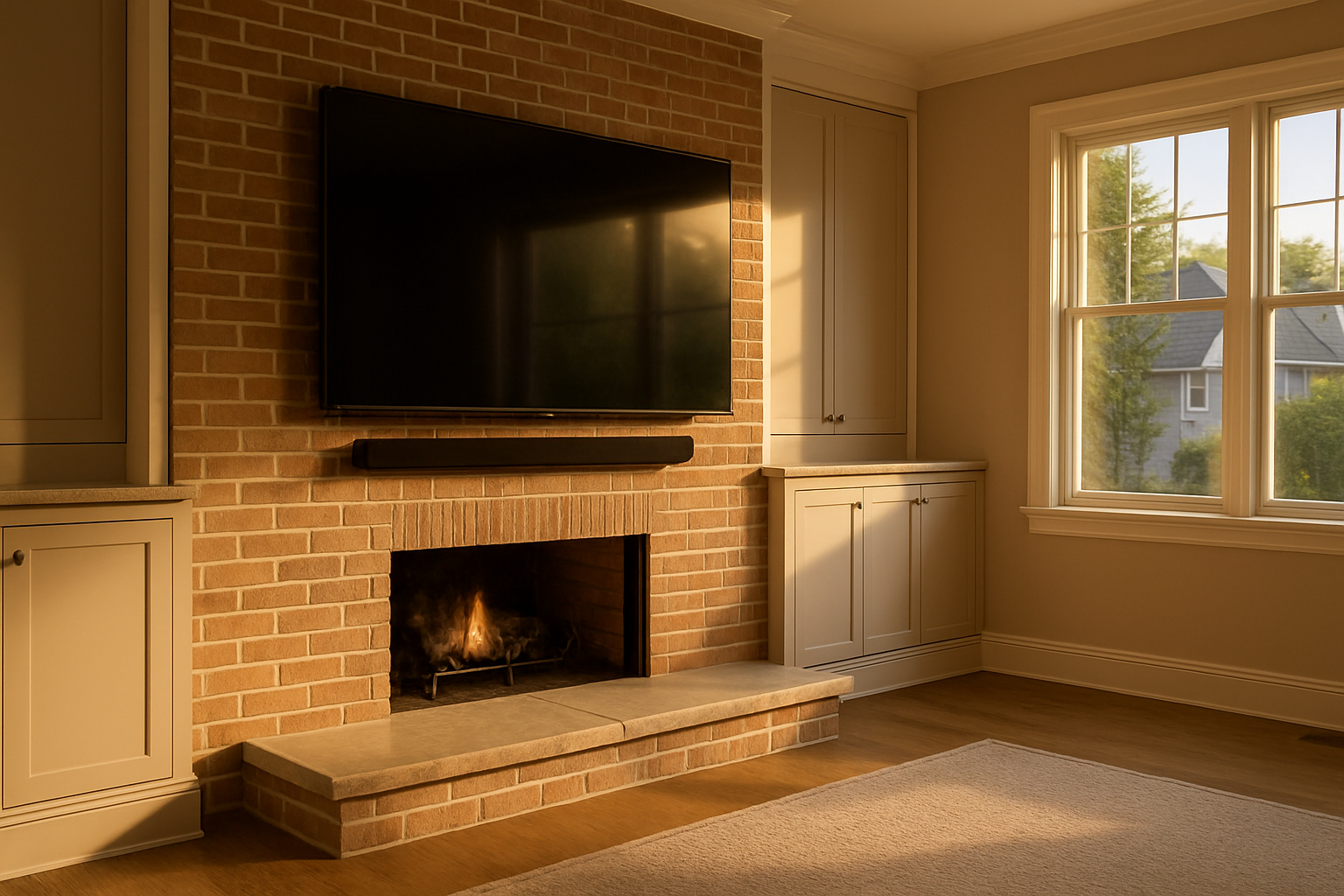 Finished media wall with 70-inch TV on brick fireplace, visible masonry anchors, hidden cables, warm golden hour light.